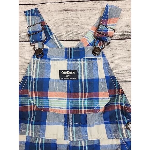 OshKosh Baby B'Gosh Vestbak Shortalls Boys Size 24 Months Blue Orange Plaid - Picture 2 of 5